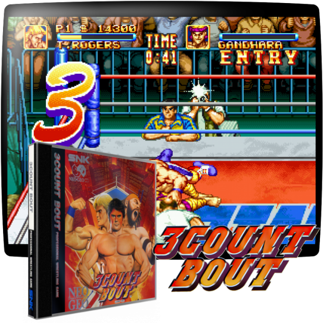 Video game screenshot for 3 Count Bout - 3 Count Bout es un juego de lucha de uno contra uno. Elige entre diez luchadores que tienen sus propios ataques de poder. Hay diez rondas en el juego, y cada una de ellas te hace luchar contra otros luchadores que son mucho más duros que los anteriores. Derrotas a cada uno mordiendo, pateando y realizando otros movimientos hasta que su medidor de daño queda vacío. Pero sólo porque esté vacío no significa que ganes. Tienes que clavarlo para el infame cuenta de tres. También presenta un juego competitivo y batallas de "tag match".
