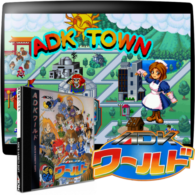 Video game screenshot for ADK World - ADK World es un disco de fans con juegos de varios juegos de ADK, como personajes de World Heroes, Aggressors of Dark Kombat, Ninja Commando y otros. Similar a Neo Geo CD Special, el juego es un juego de ómnibus que presenta varios tipos de minijuegos por su contenido. Fue lanzado el 10 de noviembre de 1995 para el CD de Neo Geo. La obra de arte en el juego está bien deformada o rediseñada para personas de todas las edades.
19YY - un juego de disparos de desplazamiento lateral con Brocken. Mientras vuelan en el aire, los jugadores usan sus ataques especiales para interrumpir los misiles enemigos.
Neo-Quiz: una aventura de preguntas donde los jugadores responden preguntas de varios personajes de ADK.
ADK Dome: un juego de batalla de cartas con varios personajes ADK. También presenta un "juego de lucha" de piedra, papel y tijera.
Cafe De ADK: un rincón informativo que se centra en tres categorías: personajes ninja, reparto misceláneo e historia del juego. Personajes de Magician Lord, Ninja Combat, Blue's Journey, Ninja Commando y World Heroes hacen apariciones. Enumera la información de la biografía, la historia de fondo oficial y destaca las ilustraciones (concepto u original) de cada personaje.
Brown Academy - una base de datos completa para los personajes de World Heroes.
ADK Corner: un programa de charlas con Janne D'Arc y Ryoko Izumo. Muestran y discuten mercancía, noticias y otras trivialidades sobre la compañía.
Mysterious Shack: características extra desbloqueables una vez que ciertas condiciones ocultas se encuentran con los otros edificios.