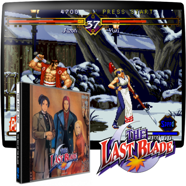 Video game screenshot for The Last Blade - Elige uno de los varios personajes con los que jugar, cada uno con sus propios movimientos y ataques especiales. Cada etapa del juego tiene dos batallas, donde el objetivo de cada una es agotar la energía de tu oponente para completar la batalla, y completarás la etapa si lo haces dos veces. Si hay un empate, entonces se juega una tercera batalla. Hay un límite de tiempo, y cuando éste expira, el jugador con más energía gana la batalla.