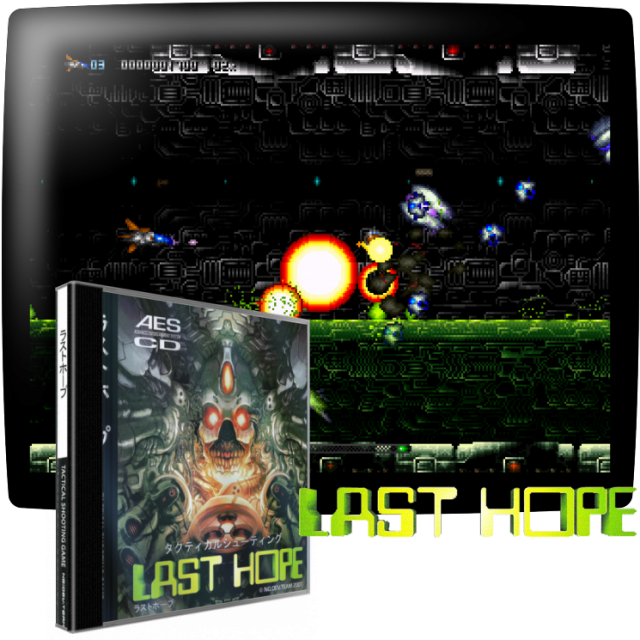 Video game screenshot for Last Hope - Pilota tu Z-42 Warpstar como la última línea de defensa de la Tierra contra el avance del Imperio del Mal. Last Hope - un autodescrito " shooter táctico" juega como una versión más dura de un juego clásico R-Type. El juego, sin embargo, añade una pequeña innovación a la fórmula ya probada, permitiendo al jugador girar la cápsula de protección 360° alrededor de la nave. El juego cuenta con seis etapas distintas y cuatro armas.