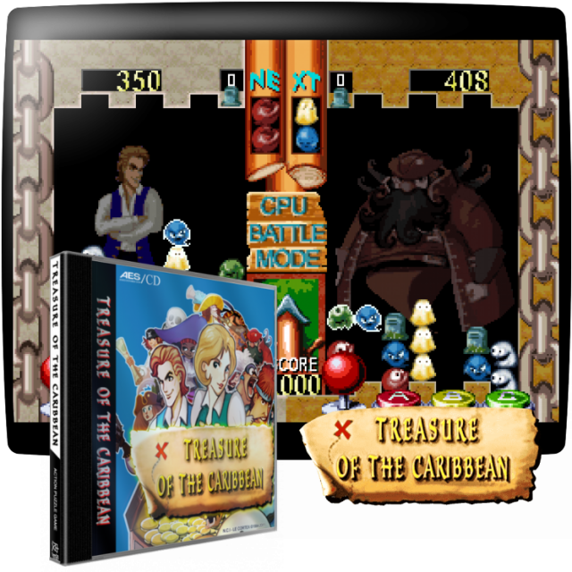 Video game screenshot for Treasure Of The Caribbean - Treasure of the Caribbean es un juego de puzzle: debes combinar tres fantasmas o más del mismo color. El número de fantasmas combinados por encima de tres se envían al oponente en forma de tumbas. Por supuesto, éstos a su vez pueden ser devueltos si están cerca de una combinación de tres fantasmas coloreados. Por supuesto, la velocidad también aumenta pero no lo suficiente para hacer el juego imposible como Puyo Puyo o Tetris por ejemplo.