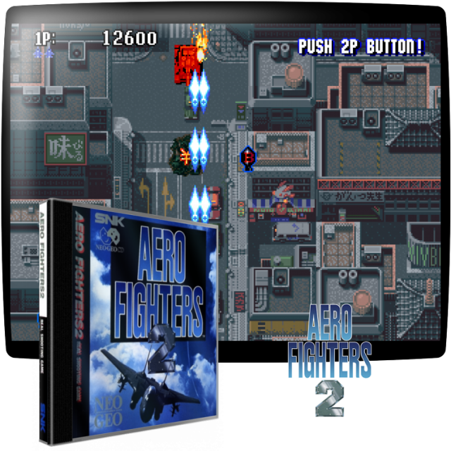 Video game screenshot for Aero Fighters 2 - Aero Fighters 2 es un shooter de desplazamiento vertical en la misma línea que el de 1942 y otros juegos similares. Admite hasta dos jugadores y tiene 8 aviones diferentes para elegir, cada uno equipado con armas primarias y secundarias únicas. Los potenciadores mejoran el aspecto, la potencia, el tamaño y la forma de los disparos. Las bombas activan un poder especial que suele eliminar a los enemigos de la pantalla. El juego tiene un total de 10 etapas (Japón, Brasil, Atlántico, EE.UU., Francia, Australia, Himalaya, México, Hawai y el espacio), todas ellas con una batalla de jefes.