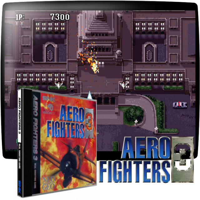 Video game screenshot for Aero Fighters 3 - Aero Fighters 3 es un shooter de desplazamiento vertical en la misma línea que el de 1942 y otros juegos similares. Admite hasta dos jugadores y tiene 10 aviones diferentes para elegir, cada uno equipado con armas primarias y secundarias únicas. Los potenciadores mejoran el aspecto, la potencia, el tamaño y la forma de los disparos. Las bombas activan un poder especial que suele eliminar a los enemigos de la pantalla. El juego tiene un total de 8 escenarios situados en varios países (Japón, Alemania, Libia, Egipto, Pacífico, EE.UU., Inglaterra, Francia, Panamá, Tailandia, Ucrania, Atlántico y Espacio), todos ellos con una batalla de jefes.