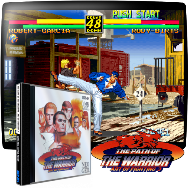 Video game screenshot for Art of Fighting 3 : The Path of the Warrior - En esta tercera y última entrada de la serie Art of Fighting, la historia pasa de Ryo Sakazaki a su mejor amigo y rival, Robert García, cuando se aventura en México para intentar localizar a Freia Lawrence, un amigo de la infancia, que le pidió ayuda. Sin embargo, se va sin el consentimiento de la Fundación García, que envía a un agente llamado Karman Cole para recuperarlo. Pero no todo es tan simple como parece... porque Robert no es el único que busca a Freia.
Art of Fighting 3: The Path of The Warrior presenta diez personajes jugables con diferentes estilos de lucha, un sistema de lucha completamente nuevo basado en combinaciones de joystick y botones, y unos gráficos y una animación increíblemente detallados.