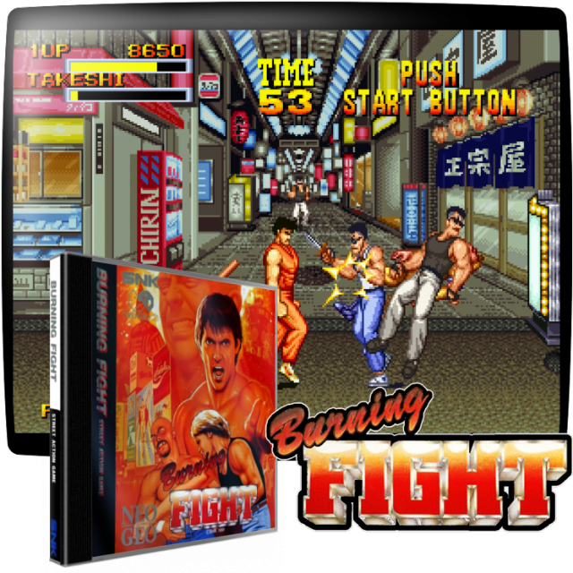 Video game screenshot for Burning Fight - Burning Fight es un juego de peleas callejeras de desplazamiento lateral similar a Final Fight. Como Duke, Billy o Ryu, debes abrirte camino a través de los distintos lugares de Osaka. Al principio del juego, sólo puedes usar tus puños para enfrentarte a las bandas, pero al romper cosas como cabinas telefónicas y carteles de calle en el camino, puedes conseguir nuevas armas y más salud. Al final de cada ubicación, tendrás que derrotar a un jefe para poder continuar la misión.