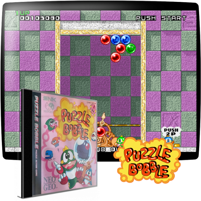 Video game screenshot for Puzzle Bobble - El clásico juego Bubble Bobble es el ancestro de Puzzle Bobble. Su objetivo en cada etapa es romper todas las burbujas, rompiendo 3 o más del mismo color. El juego contiene un modo para dos jugadores en el que cada uno intenta romper todas las burbujas primero.