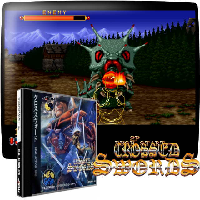 Video game screenshot for Crossed Swords - Como caballero, debes viajar por el campo luchando contra monstruos y bandidos con tu espada y tu escudo. Cuando entras en combate, la vista cambia a una perspectiva de seudo-primera persona donde el cuerpo de tu caballero se perfila para que puedas ver las criaturas con las que estás luchando. Cuando los enemigos han sido derrotados, dejan caer dinero y potenciadores. Hay siete capítulos en el juego, y cada capítulo (excepto uno) comienza con la entrada en una tienda de comercio y la compra de armas con el dinero que has recogido hasta ahora. También hay caminos alternativos que te llevan a diferentes partes del juego. Al comienzo del juego, puedes elegir un capítulo (sólo de uno a tres) en el que quieras empezar.