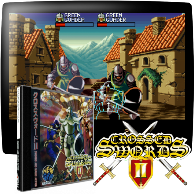 Video game screenshot for Crossed Swords II - Crossed Swords II es una secuela de Crossed Swords lanzada en exclusiva para el CD Neo Geo. Nausizz regresa con su castillo emergiendo del inframundo justo en el medio de Belkana. Tres valientes guerreros unen sus fuerzas para acabar con el reino de terror de Nausizz. El juego amplía la jugabilidad del original añadiendo un nuevo botón para saltar y correr, dando al jugador habilidades extra y permitiéndole esquivar los ataques entrantes. El juego ofrece dos modos de juego: "Nausizz Counterattack" que es el modo de historia y "Karividu Arena" que es un modo de supervivencia.