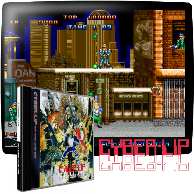 Video game screenshot for Cyber-lip - Cyber-Lip es un juego de desplazamiento lateral para 1 o 2 jugadores en el que debes abrirte camino a través de varias áreas y derrotar a un jefe al final de cada una. A lo largo del camino, puedes coger varias armas y usarlas contra los invasores. Al destruir a ciertos enemigos, recibes un "core bot", que es un anillo que te rodea, y cuando éste toca a los invasores, son destruidos. El tiempo está en tu contra. Cuando expira, pierdes una vida.
Entre la mayoría de los niveles, entras en un ascensor que te permite ir en la dirección que quieras: arriba o abajo. Si esperas demasiado tiempo para hacer una selección, te colocan automáticamente en la misión "Peligro".