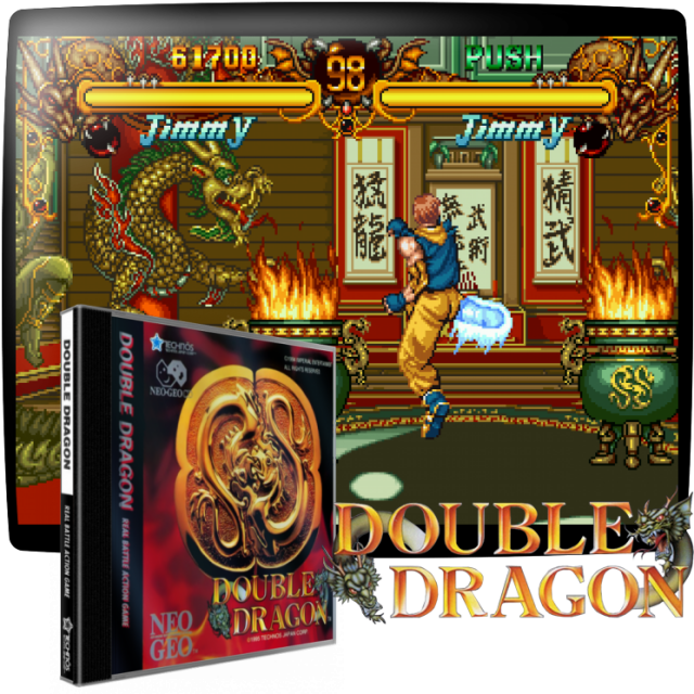 Video game screenshot for Double Dragon - Double Dragon es un juego de lucha lanzado en 1995 por Technos Japan, un título que se incluye dentro de la conocida saga del mismo nombre. Está basado en la película Double Dragon de 1994, la cual a su vez se basaba en el juego arcade original (Konami, 1988).
En el juego, el mundo se ha sumido en el caos; la policía sólo patrulla durante el día, y la noche pertenece a las bandas y al crimen organizado. Koga Shuko es un empresario corrupto que desea el poder absoluto. Para lograrlo debe reunir los dos fragmentos del doble dragón para formar un amuleto que le otorgará grandes poderes. Lo malo es que una parte del amuleto está en poder de los hermanos Lee, dos expertos en artes marciales que se ganan la vida peleando.
Sobre la plantilla de luchadores, disponemos de 10 personajes jugables y otros dos ocultos, haciendo un total de 12 personajes por manejar.