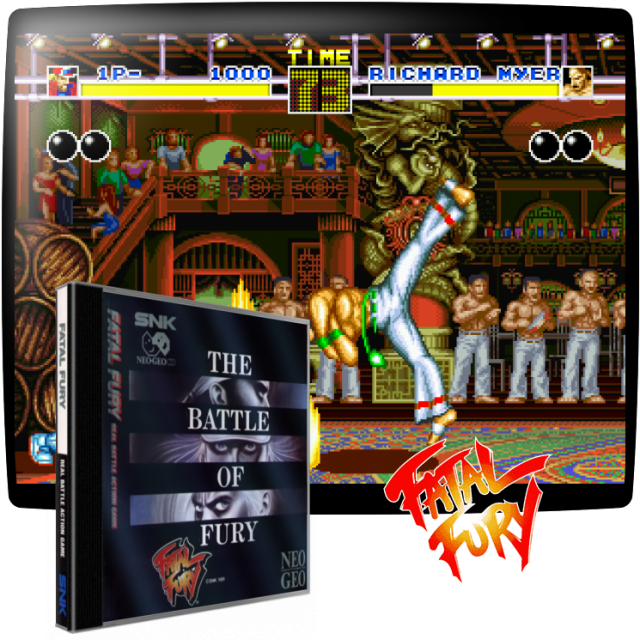 Video game screenshot for Fatal Fury - Fight of Destiny - Fatal Fury está ambientada en la ficticia ciudad estadounidense de Southtown. Asolada por el crimen y la corrupción y gobernada con mano de hierro por el jefe de la mafia local, Geese Howard, la ciudad acoge el torneo anual King of Fighters, en el que los luchadores más avezados compiten contra la mano derecha de Howard, el invencible Billy Kane. Los hermanos Terry y Andy Bogard deciden participar en el torneo para vengar la muerte de su padre, el experto en artes marciales Jeff Bogard, asesinado en misteriosas circunstancias por Geese Howard.
La principal característica original de Fatal Fury es la posibilidad de luchar en dos planos diferentes. Los jugadores pueden mover a sus personajes de delante hacia atrás, sobre todo para esquivar los ataques del adversario. Los tres personajes pueden atacar de un plano a otro, o desde ambos planos a la vez.