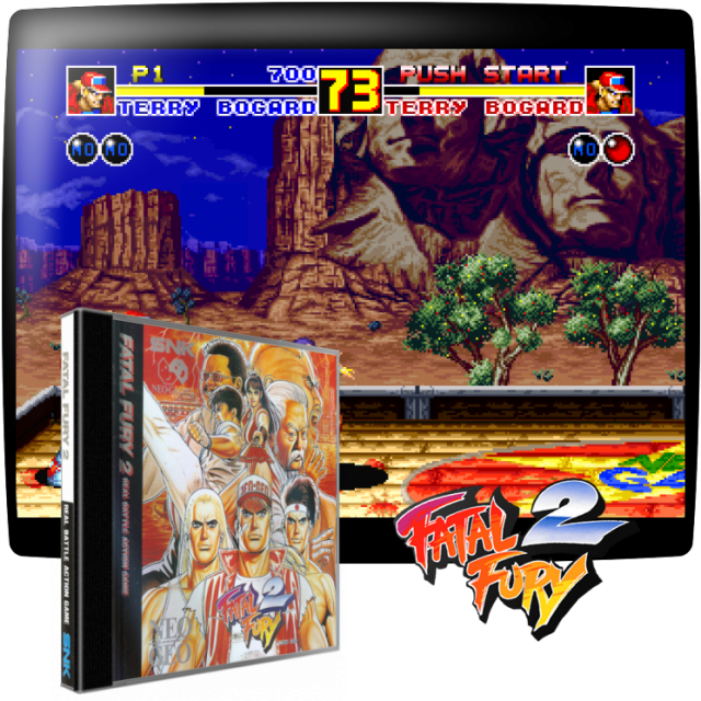 Video game screenshot for Fatal Fury 2 - El jugador puede elegir uno de los ocho personajes jugables: Terry Bogard, Andy Bogard, Joe Higashi, Big Bear, Jubei Yamada, Cheng Sinzan, Kim Kaphwan y Mai Shiranui. El juego tiene cuatro jefes. El sistema de combate es más complejo que en el primer juego, ya que tiene cuatro claves para atacar. Se ha conservado el sistema de combate de dos planos (primer y segundo plano), pero ahora el jugador puede moverse libremente al plano adyacente, con sólo pulsar los botones de Golpe ligero y Patada ligera simultáneamente. El principio principal sigue siendo el mismo: vencer a tu oponente en un duelo con puños y patadas.