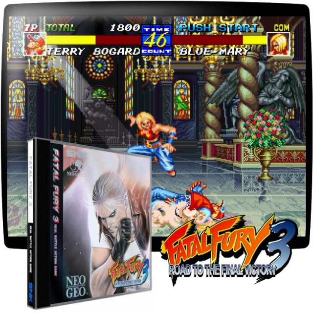 Video game screenshot for Fatal Fury 3 : Road to the Final Victory - Una adaptación del juego de lucha Neo-Geo. Luchador de desplazamiento 2-D uno a uno con aspectos pseudo-3D (que permite a los jugadores "escapar" de las retenciones, lanzamientos y otros ataques.) Parte del panteón del incestuoso y popular juego de lucha SNK...