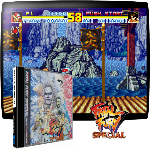 Video game screenshot for Fatal Fury Special - Fatal Fury Special es una versión mejorada del combate uno contra uno en 2D de SNK, Fatal Fury 2. Es una conversión del juego arcade de 1993 del mismo nombre. El objetivo sigue siendo ganar el torneo derrotando a todos los demás luchadores, incluyendo al jefe final Wolfgang Krauser. Un nuevo modo de cuenta atrás (derrotar a tantos oponentes como sea posible en 3 minutos). Esquemas de color extra para cada personaje. Nuevos y mejorados gráficos de fondo. Soporte de sonido Dolby Surround. El Especial Furia Fatal aún incluye el característico movimiento pseudo-3D de la serie a lo largo de dos planos.