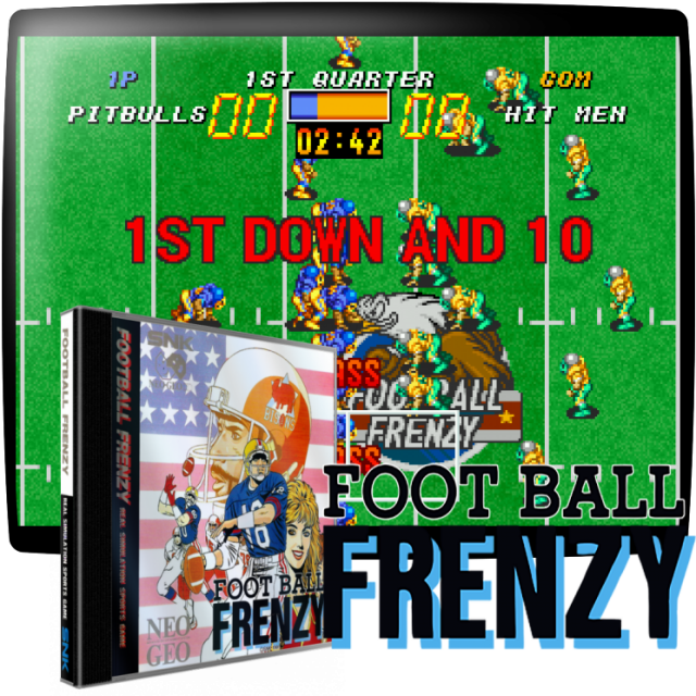 Video game screenshot for Football Frenzy - Una simulación de fútbol que combina estrategias complejas y un intenso juego físico. El propósito es anotar puntos llevando el balón ovalado al área de gol del equipo contrario al final del campo. Para avanzar, el jugador puede llevar el balón por slalom entre los defensores o lanzarlo a un compañero.