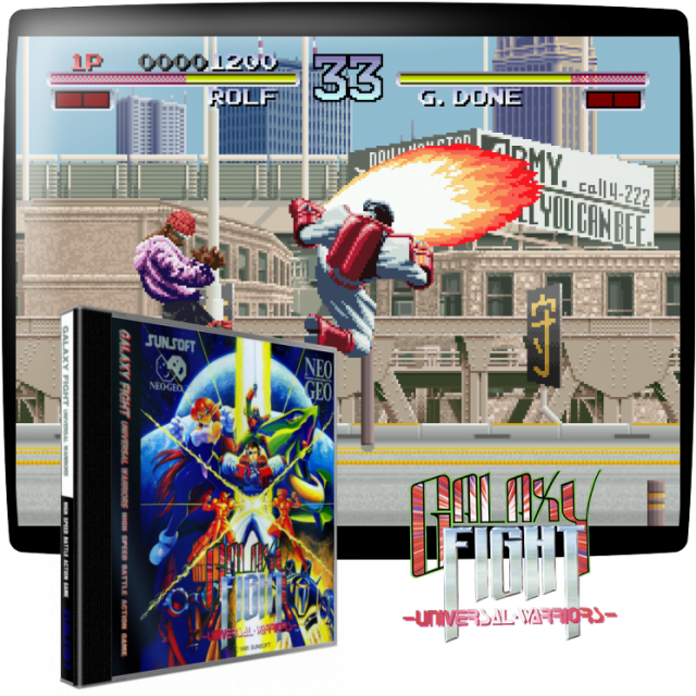 Video game screenshot for Galaxy Fight: Universal Warriors - Entra en Galaxy Fight, un juego de lucha en 2D de uno contra uno en un futuro lejano, con personajes y escenarios de ciencia ficción. En el juego mismo, tienes que seleccionar entre 8 luchadores, cada uno con sus movimientos y estadísticas únicas, y luego intentar derrotar al otro personaje en 2 de cada 3 combates usando tus movimientos y ataques especiales mientras evitas los golpes de tu oponente.
Incluye modos de juego para un jugador y para dos jugadores, jefes secretos y rondas de bonificación.