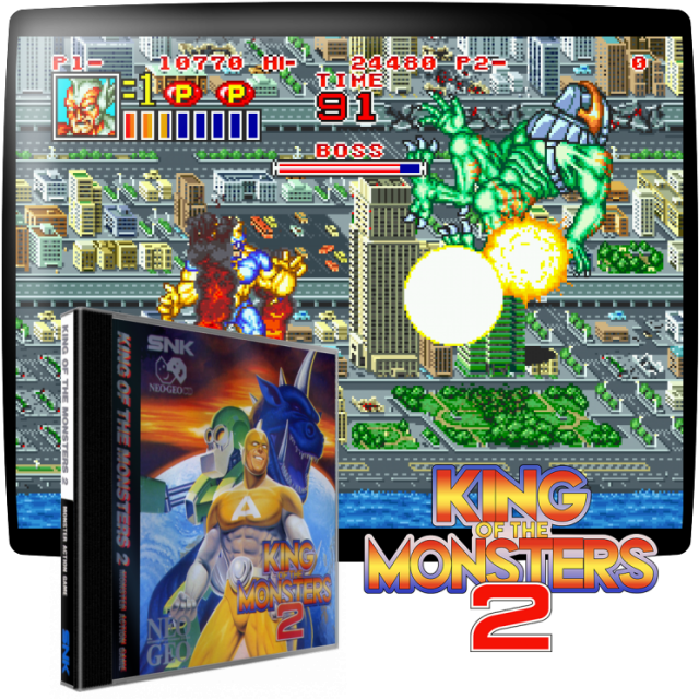 Video game screenshot for King of the Monsters 2: The Next Thing - El objeto del King of the Monsters 2 es similar a su predecesor. Elige entre tres monstruos que incluyen un gran lagarto, un gran simio robótico y un enorme humano mutante. Luego camina por cada ciudad, asegurándote de destruir todo lo que hay en el lugar, incluyendo aviones, edificios y otras criaturas. Cuando se destruyen, algunos edificios revelan potenciadores que hacen que tu personaje sea más poderoso. Al final de cada ciudad, te enfrentarás a la criatura jefe. Hay pequeñas etapas intermedias en las que luchas contra un segundo monstruo para obtener puntos de bonificación, o caes del cielo y aterrizas bajo el agua donde intentas recoger puntos y potenciadores mientras caes.