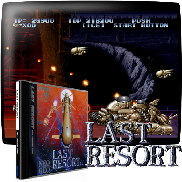 Video game screenshot for Last Resort - Last Resort es un juego de disparos horizontales para uno o dos jugadores en el que pilotas una nave espacial a través de paisajes urbanos y terrenos baldíos que se desplazan horizontalmente, mientras destruyes hordas de naves espaciales enemigas, ya sean metálicas u orgánicas, incluyendo enormes guardianes de nivel medio y final. Las cápsulas de potenciación proporcionan a la nave un zángano móvil que puede cargarse y dispararse o bloquearse en posición y utilizarse como un arma adicional o "ariete"/escudo. Un clon del Tipo R (tanto uno como dos), pero con gráficos y sonido muy mejorados