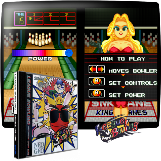 Video game screenshot for League Bowling - League Bowling ofrece hasta cuatro jugadores, con dos jugadores jugando simultáneamente en una pantalla dividida verticalmente. Los jugadores eligen primero su brazo de lanzamiento y el tamaño de la bola. La posición, el giro y la potencia de lanzamiento pueden modificarse antes de lanzar. Además de la puntuación reglamentaria, se pueden seleccionar otros dos modos de puntuación (Strike 90 (los golpes añaden puntos adicionales) y Flash (se conceden puntos de bonificación aleatorios)).