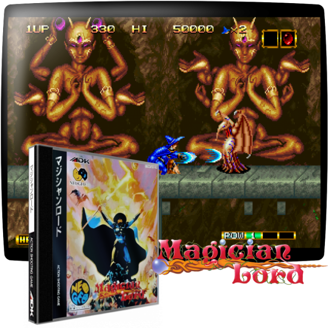 Video game screenshot for Magician Lord - Magician Lord te pone a cargo de Elta, un mago que tiene la tarea de recolectar ocho libros de sabiduría de las garras de Az Atorse, el dios de la destrucción. Recogiendo los potenciadores adecuados a lo largo del camino, puedes transformarte en diferentes personajes, incluyendo el Rajin, Samurai, Waterman, Shinobi, Poseidón y Guerrero Dragón. Cada personaje tiene diferentes habilidades. Hay ocho áreas en el juego, y cada etapa termina con tu intento de derrotar tanto a un guardián como al jefe de fin de área (que son básicamente las encarnaciones de Atorse). Uno de los primeros juegos que demostró las habilidades gráficas del Neo-Geo.