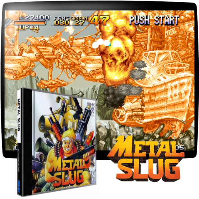 Video game screenshot for Metal Slug - Metal Slug es un juego de acción de scroll lateral para dos jugadores donde te enfrentas a una malvada organización militar que quiere dar un golpe de estado masivo y crear un nuevo orden mundial.
Puedes usar diversas armas además del propio Metal Slug, un pequeño tanque que encontrarás en determinados lugares y que aumenta considerablemente tu capacidad de destrucción.
Técnicamente el juego es un prodigio, escenarios detallados y animaciones sobresalientes hacen de este juego el referente número uno de su género.