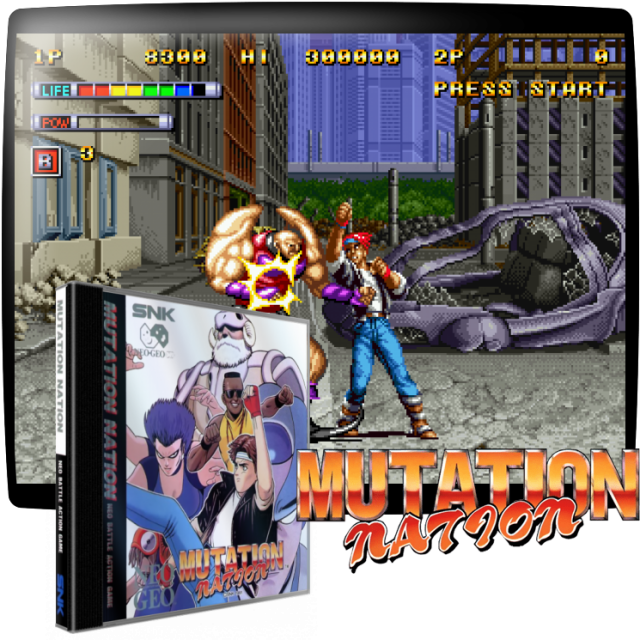 Video game screenshot for Mutation Nation - El barrio bajo... un área de la ciudad completamente olvidada. Nadie podía imaginar la crueldad sufrida por gente inocente que fue transformada en horribles criaturas mutantes por experimentos genéticos. Se cernieron por todas partes y tomaron el control de la ciudad por completo.
Mutation Nation es un juego de acción para 1 o 2 jugadores en el que debes controlar a tu héroe y derrotar a cualquier mutante que se interponga en tu camino, ya sea usando tus puños o uno de los cuatro ataques especiales. Un jefe al final de cada área debe ser derrotado si quieres seguir avanzando en el juego.