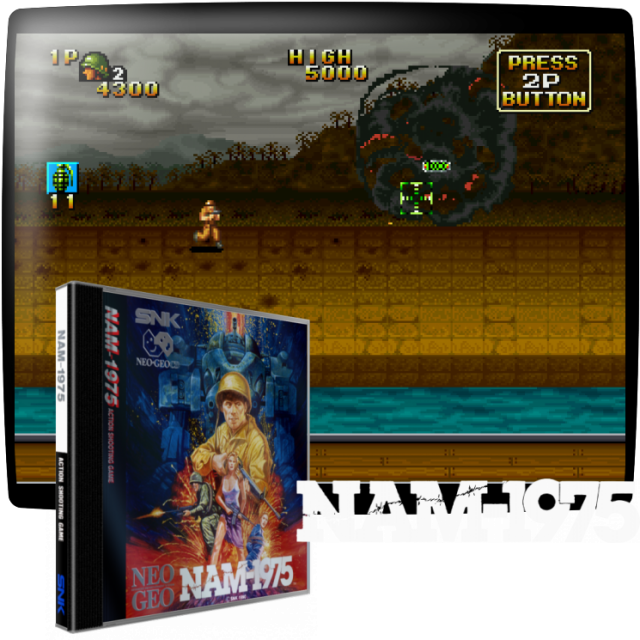 Video game screenshot for Nam-1975 - Como soldado, tú y/o un amigo debéis viajar a través de Vietnam para detener al científico y su máquina láser que destruye el mundo. En el juego, debes disparar a los soldados enemigos, tanques, helicópteros, jeeps y más, apuntando el cursor de la ametralladora y disparándoles. Dentro de cada lugar, puedes coger armas más potentes como ametralladoras y lanzallamas, pero éstas tienen un suministro limitado de munición. Si presionas el joystick mientras corres, tu personaje dará una voltereta y será invencible por un segundo. Al final de cada ubicación, tendrás que derrotar a una serie de jefes, que no son los mismos en cada juego. Las escenas de corte se ven entre los lugares, y contienen diálogos dramáticos digitalizados.