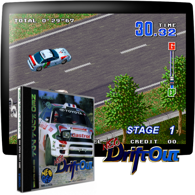 Video game screenshot for Neo Drift Out: New Technology - Neo Drift Out es un juego de carreras de rallies, que cuenta con 3 coches de rallies de alrededor de 1995, incluyendo un Toyota Celica, un Subaru Impreza y un Mitsibushi Lancer Evolution.
La acción tiene lugar en una vista isométrica, y muestra el poder de escalada de los sprites de Neo Geo con una cámara que está constantemente "acercándose" y alejándose en función de su velocidad.