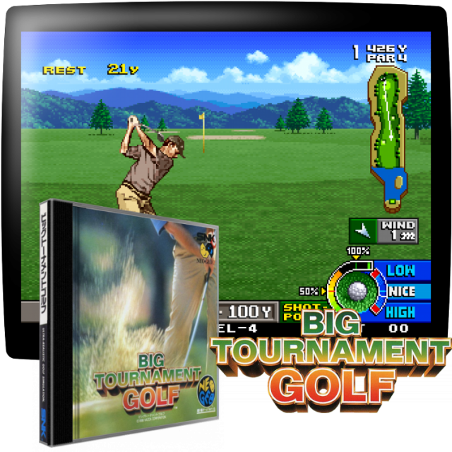 Video game screenshot for Big Tournament Golf - Neo Turf Masters es un juego de golf que ofrece la posibilidad de jugar en tres países diferentes. Puedes jugar en los EE.UU., Alemania y Japón. Hay 18 hoyos por campo, como en la vida real, que suman un total de 54 hoyos. El juego cuenta con un modo para dos jugadores y tres modos para un solo jugador. Puedes elegir uno de los seis personajes diferentes, que tienen cada uno sus propios puntos fuertes y débiles. Como en muchos otros juegos de golf, utilizas un tipo de juego de clic preciso, en el que haces clic en un mapa superior donde quieres golpear la bola, y luego ajustas el gancho, el corte y la potencia. En el modo Versus, puedes ganar "superclubes" que sólo pueden usarse una vez. Estos también pueden ser intercambiados entre amigos.