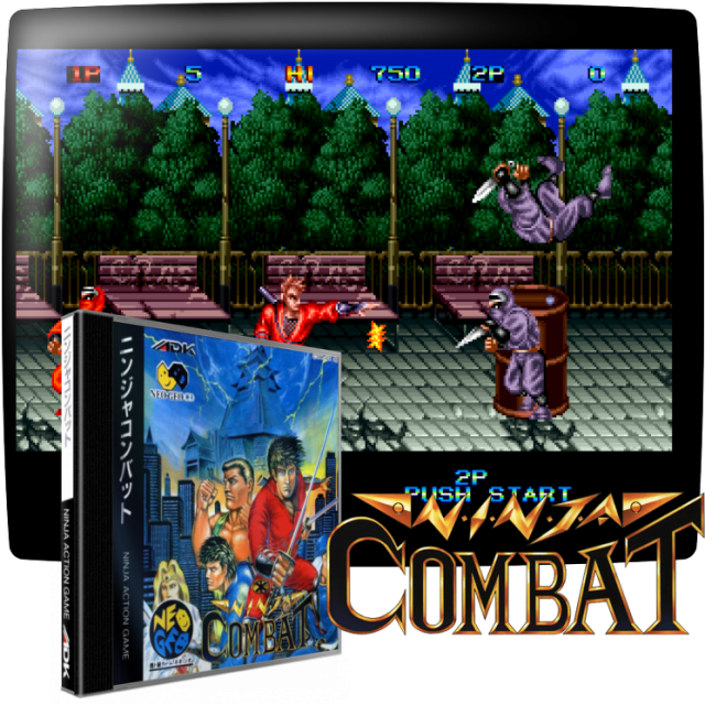 Video game screenshot for Ninja Combat - El Combate Ninja te pone en medio de, lo adivinaste, una invasión Ninja! El clan Kage Ichizoku ha hecho aparecer una torre gigante en medio de la ciudad, y depende de nuestros héroes Joe (Jugador Uno) y Hayabusa (Jugador Dos) derribarlos. Ambos personajes pueden atacar a los enemigos entrantes usando Shuriken (estrellas lanzadoras) que pueden ser mejoradas y también pueden desatar un ataque especial bastante fuerte que destruye a muchos enemigos en la pantalla, o hace mucho daño a los jefes, pero te quita un cuarto de tu vida.