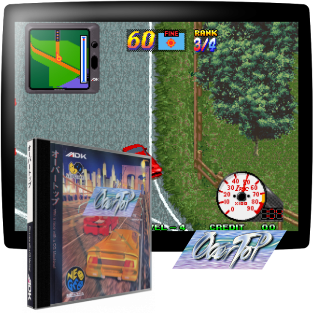 Video game screenshot for OverTop - ¡El último juego de carreras de NEOGEO! El juego cuenta con caminos ramificados y una variedad de modelos de coches. Los jugadores participarán en impresionantes carreras a través de zonas urbanas, regiones montañosas y carreteras nevadas. Los campos también presentan variaciones climáticas para añadir más variedad al juego. Además de los diversos vehículos con diferentes factores de rendimiento que los jugadores pueden utilizar, también pueden disfrutar de la emoción de ir a la deriva por las esquinas para despejar los campos.