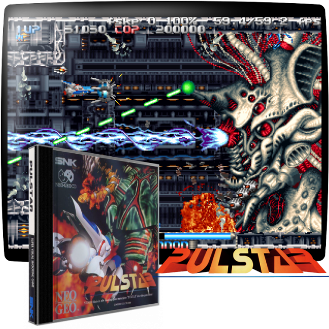 Video game screenshot for Pulstar - Una amenaza alienígena se cierne sobre la galaxia y sólo tú y tu fiel luchador estelar pueden derrotarlos.
Pulstar es un juego de disparos en 2D con desplazamiento lateral en el que controlas tu nave mientras pasa por etapas llenas de olas y olas de enemigos empeñados en tu destrucción. Puedes mejorar tus armas principales recogiendo potenciadores y la carga de energía te permite liberar ataques cargados a costa del consumo de potenciadores. Además, tu nave viene con una cápsula de armas "opcionales" que flota alrededor de tu nave y que puede ser posicionada en varias configuraciones para ayudar a proteger la nave o aumentar su potencia de fuego.
Aunque es completamente 2D, el juego utiliza sprites 3D pre-renderizados e incluye escenas de corte completamente animadas entre cada nivel. También cuenta con soporte para el juego de dos jugadores.