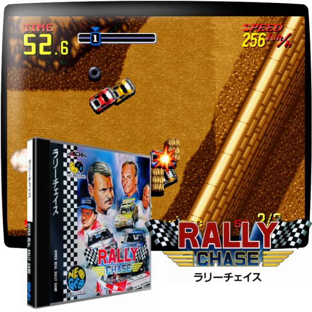 Video game screenshot for Rally Chase - Thrash Rally es un juego de carreras de ritmo rápido, similar a Neo Drift Out y Overtop, pero usando una vista de arriba hacia abajo. Puedes participar en un Campeonato Mundial o hacer un rally completo de París-Dakar.
Utilizando los controles básicos: acelerar con la transmisión automática, frenar y una combinación de ambos para potenciar la deriva, tienes que seguir una ruta de recorridos establecida. En el Campeonato del Mundo, cada lugar consta de diferentes etapas que deben ser terminadas en una sola carrera. Hay un límite de tiempo estricto y recibes una bonificación de tiempo al terminar una sección. El modo Dakar es una larga pista sin paradas. El campeonato utiliza coches normales, pero en la carrera de Dakar también puedes elegir un sand buggy, una moto todoterreno o un camión.