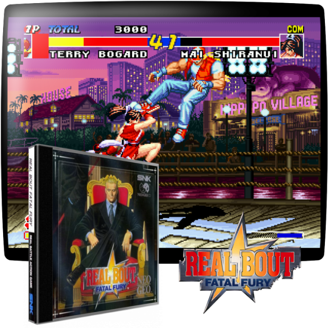 Video game screenshot for Real Bout Fatal Fury - El cuarto título de la serie de lucha Fatal Fury. Ahora, puedes destruir los objetos de la escena de lucha y los luchadores de " Fatal Fury 2" vuelven a formar esta lista: Terry Bogard, Andy Bogard, Joe Higashi, Franco Bash, Mai Shiranui, Bob Wilson, Geese Howard, Billy Kane, Hon-Fu, Ryuji Yamazaki, Sokaku Mochizuki, Blue Mary, Kim Kaphwan, Jin Chonrei, Jin Chonshu y Duck King.