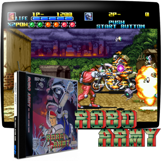 Video game screenshot for Robo Army - Un científico loco decide crear un ejército de robots para destruir la ciudad, capturar a todos los ciudadanos y usar sus cerebros para que más robots se apoderen del mundo. Controla uno de los dos robots que utilizan sus puños y ataques especiales para enfrentarse al ejército a lo largo de un escenario selvático y varios edificios de la ciudad destruida. Los robots y los perros robot a veces dejan armas o barras de metal que pueden ser utilizadas como armas. Al final de cada área, debes derrotar a un jefe para poder pasar a la siguiente área.