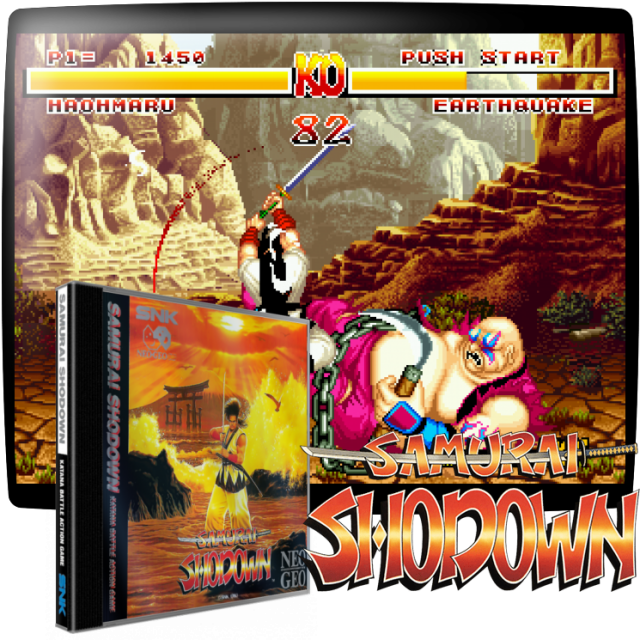 Video game screenshot for Samurai Shodown - En el Japón feudal antiguo, un hombre llamado Shiro Tokisada Amakusa predica una religión hereje. Poco se sabe que Amakusa es en realidad un sirviente del malvado Ambrosia, que había poseído y se había apoderado del cuerpo de Amakusa, ya que Ambrosia desea envolver al mundo en una oscuridad eterna. Ahora, el jugador debe elegir entre 12 feroces guerreros y 3 personajes de bonificación para luchar por el honor de derrotar a Amakusa de una vez por todas, mientras cumple una misión específica para cada uno de los guerreros del juego.