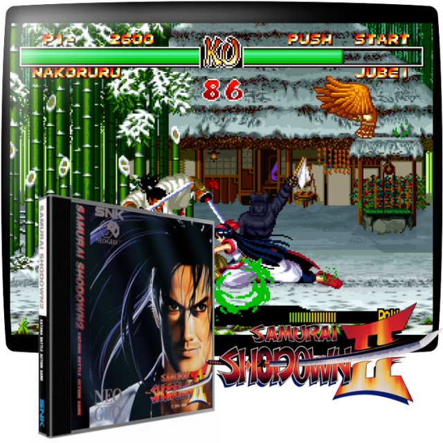 Video game screenshot for Samurai Shodown II - ¡Una de las legendarias series de juegos de lucha de SNK ha vuelto! En Samurai Shodown II, puedes asumir uno de los papeles de 15 guerreros mientras luchas por la tierra para derrotar al malvado Mizuki! Corta, patea y corta a tus oponentes por la mitad... haz lo que sea necesario... vive por la espada, y muere por su espada.