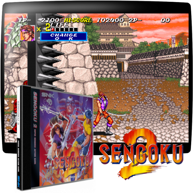 Video game screenshot for Sengoku 2 - Vuelve al mundo de combates místicos. Vuelve a entrar en la pesadilla que nunca termina. La gran confrontación con el demoníaco señor de la guerra en el Castillo del demonio debió significar el final, pero la guerra acaba de comenzar... El Castillo del Demonio se asoma sobre la tierra y el Soberano de la Oscuridad domina la altísima fortaleza. Los legendarios guerreros samurái son convocados nuevamente. Ahora, deben viajar a través del tiempo, pero con más experiencia y nuevos poderes. Lucha con más técnicas de ataque, nuevos power-ups, más magia, y transfórmate en una de las cuatro identidades a medida que luchas a través de esta increíble secuela de acción simultánea, SENGOKU II.