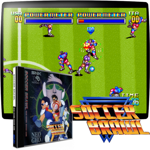 Video game screenshot for Soccer Brawl - Soccer Brawl se ve desde el lado en un ángulo elevado que muestra una pequeña parte del campo. El joystick se utiliza para mover a los jugadores mientras un botón de disparo pasa o encabeza el balón, el otro botón golpea a un jugador o dispara el balón. El tiempo que se mantiene pulsado el botón determina la potencia del disparo. Mantenlo pulsado hasta que el medidor de potencia se llene y se inicie un súper disparo que derribe a cualquiera que se interponga en el camino.