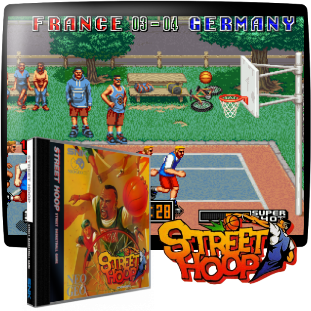 Video game screenshot for Street Hoop - Street Hoop es un juego de baloncesto callejero de 3 contra 3. Uno o dos jugadores pueden elegir entre 10 equipos: Francia, España, EE.UU., Italia, Alemania, Taiwán, Reino Unido, China, Japón y Corea del Sur (en las versiones europea y japonesa. La versión de EE.UU. incluye ciudades locales). Los equipos se clasifican de 1 a 9 puntos en cuatro atributos (mate, 3 puntos, velocidad y defensa). Cada juego dura dos mitades de 2 minutos cada una. El juego termina si el jugador pierde la primera mitad, necesitando gastar una continuación para jugar la segunda mitad.