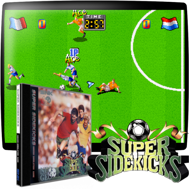 Video game screenshot for Super Sidekicks - Experimenta el ambiente y la emoción de un estadio lleno. El juego de acción en vivo de SNK ya está aquí. Junto con tu delantero estrella y los deslizamientos, con pases altos o a ras de césped, regates que desafían la gravedad, alcanza la victoria y el premio de la copa SNK. Acabaras abrumado con la acción tan realista y terminaras lavando las manchas de hierba de tu ropa cuando hayas terminado.