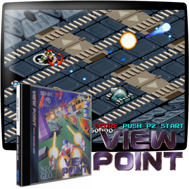 Video game screenshot for Viewpoint - Viewpoint es un juego de perspectiva orthográfica de arriba a abajo en la tradición de Zaxxon.
Uno o dos jugadores (en el modo de asiento caliente o cooperativo) controlan una nave espacial equipada con un cañón láser que puede cargarse (manteniendo pulsado el botón de disparo) para una explosión más fuerte. Además del arma principal, hay tres armas especiales: un muro de fuego que limpia la pantalla en una ola, una explosión parecida a una nova y un círculo de misiles esféricos verdes.