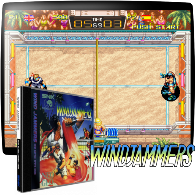 Video game screenshot for Windjammers - Windjammers está basado en un deporte real conocido como Saucer Tennis o Frisbee Tennis. Tú y un oponente os enfrentaréis en un campo de arena con una red baja en el centro que divide el campo por la mitad. Los puntos se anotan lanzando el disco y alcanzando los goles que hay detrás de un jugador o siempre que tu oponente no sea capaz de atrapar el disco a tiempo. Hay dos movimientos: un lanzamiento normal y un globo. Al usar un movimiento de cuarto de círculo, conseguiremos añadirle efecto al lanzamiento. Para atrapar discos difíciles, podremos deslizarnos para de esta manera conseguir movernos más rápido.
Hay seis personajes para elegir, con habilidades específicas y su propia corte adecuada para sus habilidades. Un solo juego consiste en series cortas de treinta segundos. El juego se gana después de dos sets ganadores o muerte súbita después de dos sorteos.
Para el toque futurista, se agregan movimientos de firma. Para cargar estos movimientos especiales, debe bloquear, lanzar o lanzar el disco y luego cargarlo mientras el disco está en el aire. Estos movimientos se pueden contrarrestar y algunas veces golpean a un oponente en la meta.
Se incluyen dos minijuegos entre los niveles: jugar con un perro y Flying Disc Bowling.