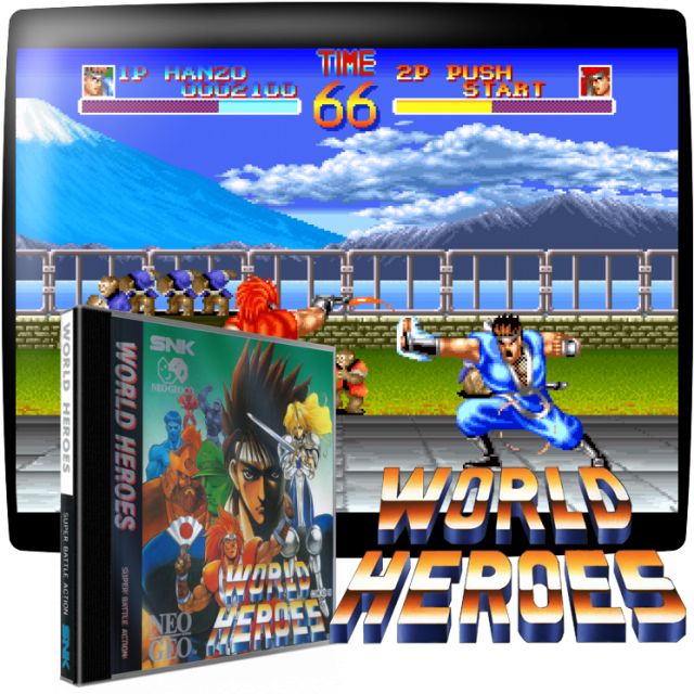 Video game screenshot for World Heroes - Una entidad alienígena conocida como Geegus amenaza a la Tierra en el año 3091. Como todas las fuerzas de la Tierra han sido derrotadas, un científico utiliza su recién construida máquina del tiempo para encontrar a los más grandes luchadores de diferentes épocas para competir contra Geegus.
Con un elenco de personajes que van desde ninjas hasta un supersoldado cibernético, te abrirás camino a través de combates uno contra uno de categoría estándar o te enfrentarás a un oponente en un combate a muerte, en el que los muros con púas y las minas terrestres aumentan el peligro.