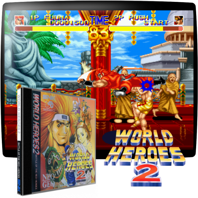 Video game screenshot for World Heroes 2 - ¡El torneo de los viajeros del tiempo está de vuelta! Los ocho personajes originales del popular hit de arcade regresan, junto con seis nuevos personajes elegidos a través de diferentes épocas y lugares a lo largo del tiempo. Pero un nuevo jefe espera al vencedor ... ¿quién o qué está detrás de este nuevo torneo? ¡Tendrás que llegar hasta él para averiguarlo!
Esta secuela incluye nuevos escenarios, música, y una mejor animación y gráficos. ¡Ahora puedes reflejar movimientos de proyectiles en tu oponente, e invertir tiradas normales si tu tiempo es correcto! El juego original del Death Match también está de vuelta, pero con una nueva característica: la barra de vida aumentará o disminuirá a medida que infligas o recibes daño. Consigue mantener la barra de vida al 100% y su enemigo perderá.