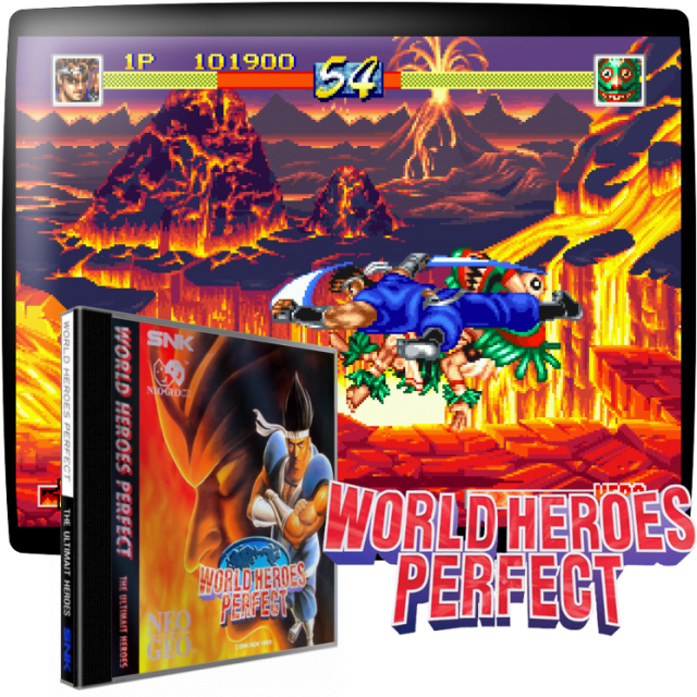 Video game screenshot for World Heroes Perfect - En esta entrada en la saga de los Héroes del Mundo, los dieciséis luchadores de juegos anteriores regresan para otro torneo. Las nuevas características incluyen:nnUn modo de ataque donde el jugador debe usar los cuatro botones para atacar al oponente.
Una barra de poder que otorga habilidades especiales únicas a cada personaje.
Etapas adicionales establecidas en diferentes lugares del pasado y el futuro de la Tierra.
Tres personajes secretos para elegir, incluyendo un personaje nuevo en la serie.