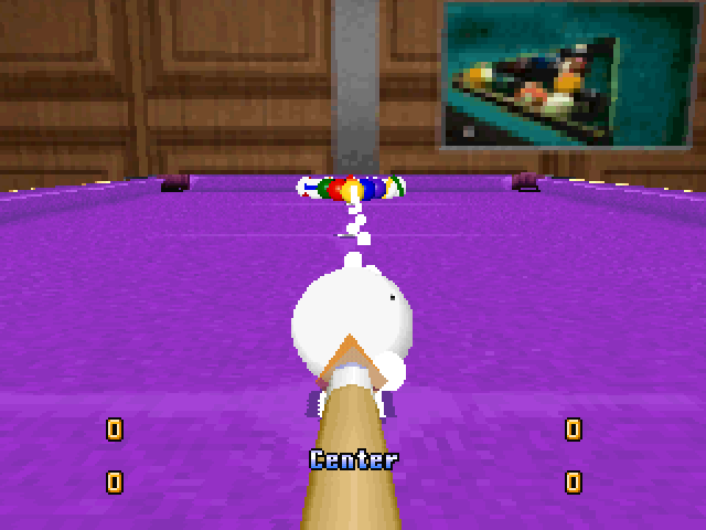 Video game screenshot for Side Pocket 3 - 3D Polygon Billiard Game - Side Pocket is a pocket billiards (pool) simulator video game originally released into arcade by Data East in 1986. Versions of the arcade original were developed for various platforms and two sequels to the game were produced. G-Mode currently owns the intellectual property rights to the Side Pocket series, and licenses these games globally.
The unusual single player mode, called "pocket", requires that the player clear all the balls off the table in a limited number of shots, as well as achieve a predetermined score. The player earns points by sinking balls, sinking balls on consecutive shots, and sinking balls in numerical order. On occasion, a pocket will light up, and if the player sinks a ball into that pocket on that shot, a bonus will be earned in the form of points or extra shots. In the two-player "pocket" mode, the game plays similarly, except the two players take turns; if one player does not pocket a ball or scratches, control of the ball changes to the other player.
The game had three sequels, Minnesota Fats: Pool Legend (released as Side Pocket 2 outside the United States) in 1992 for the Sega Genesis, Side Pocket 2 for the Sega Saturn, and Side Pocket 3 for the Sega Saturn and original PlayStation.
Side Pocket 3 is a billiard game with these game modes:
- Story Mode
- Training
- Trick Game Mode
- Vs Mode
